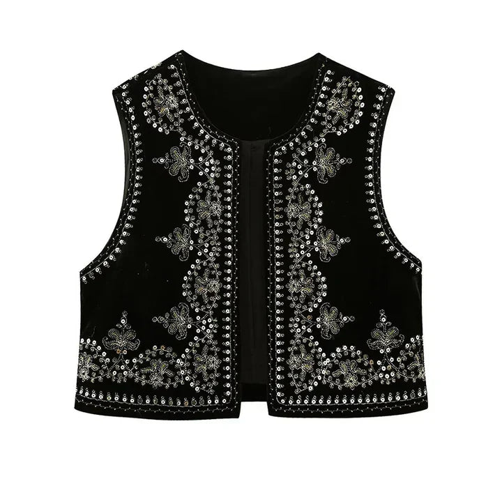Women's Vintage Embroidered Sleeveless Vest - Open Front Design - Stylish Summer Layering Top