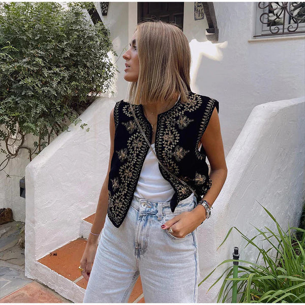 Women's Vintage Embroidered Sleeveless Vest - Open Front Design - Stylish Summer Layering Top