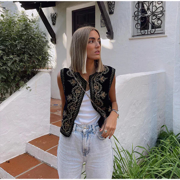 Women's Vintage Embroidered Sleeveless Vest - Open Front Design - Stylish Summer Layering Top